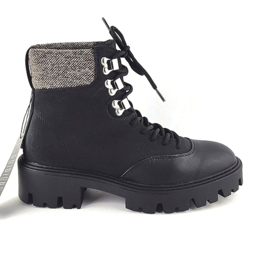 NWT ONLY Betty Women's Black Lace-Up Faux Leather Ankle Boots Chunky Sole Sz 38